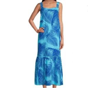NWT Liz Claiborne Blue Calypso Palms Linen Blend Tropical Maxi Dress Women's L